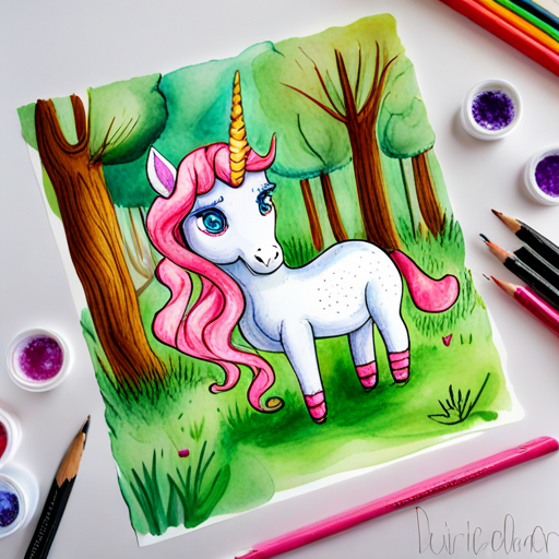 Sparkle is a baby unicorn with pink fur and a golden horn. the baby unicorn and Sophie is a little girl with a big heart. meet in the forest