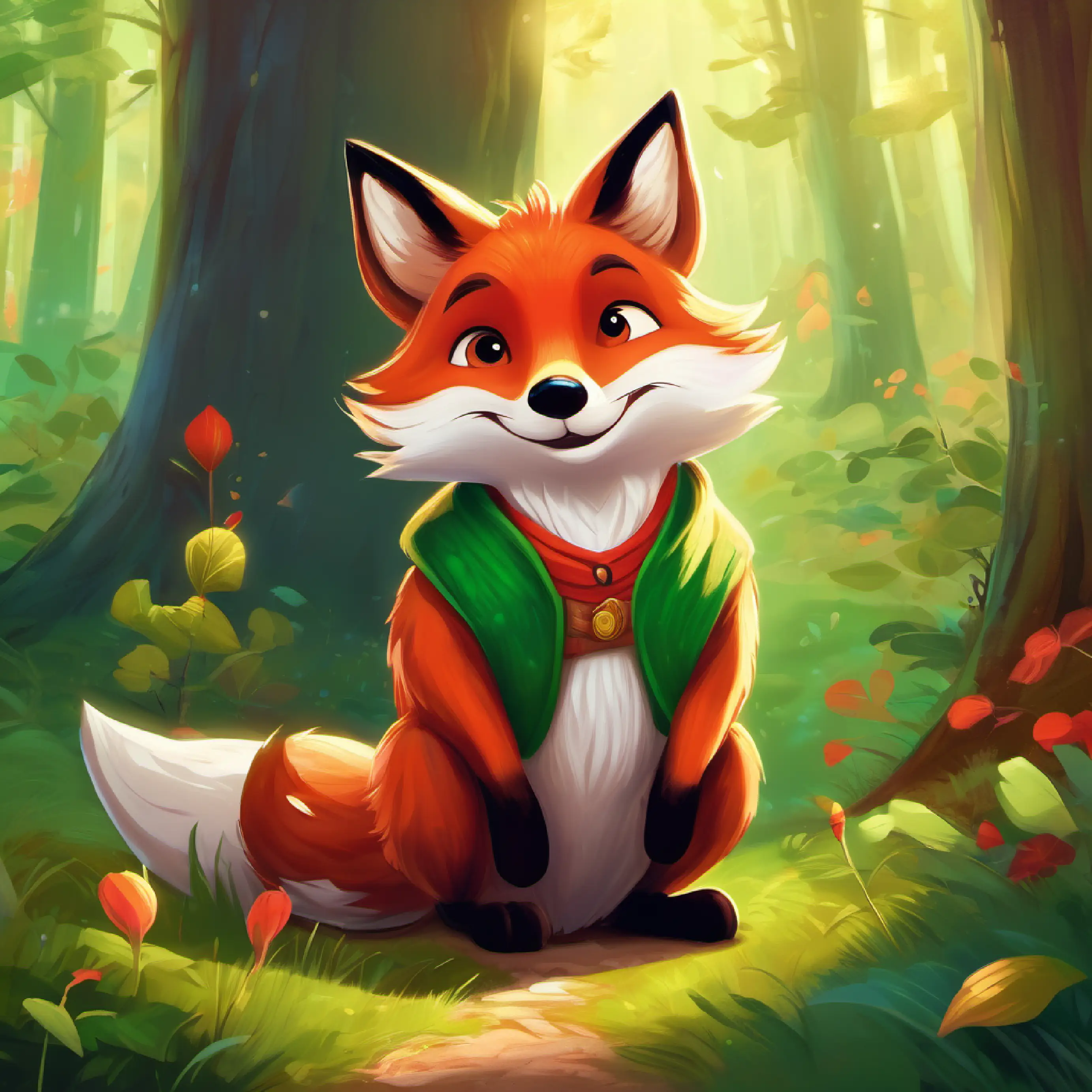 Introduction to the magical forest, main character Red fur, bright green eyes, playful and brave young fox, and the quest for the Golden Acorn, setting the scene.