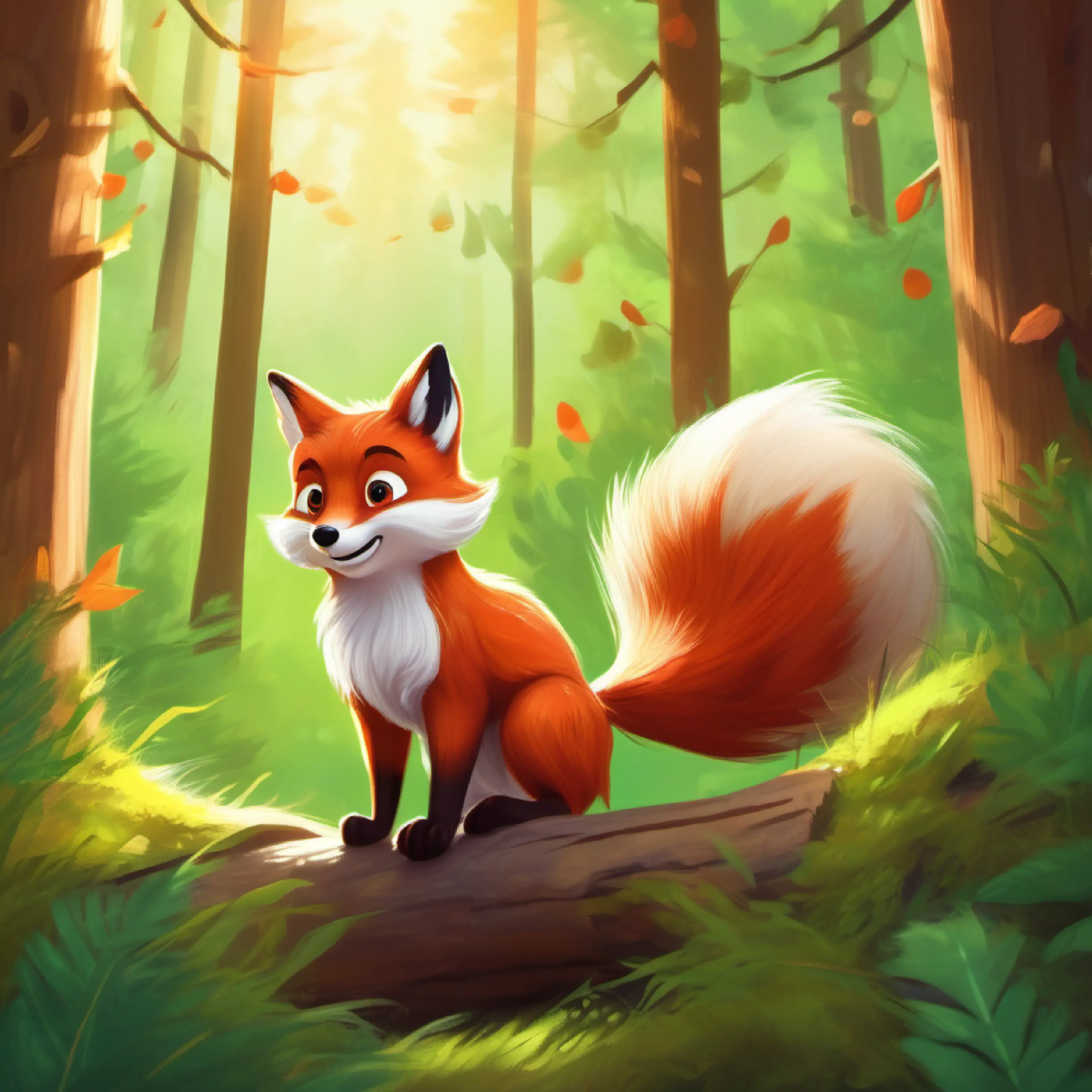 Red fur, bright green eyes, playful and brave young fox meets squirrel friend Fluffy brown tail, mischievous grin, and lively squirrel friend of Felix, adding more excitement to the adventure, in the forest.