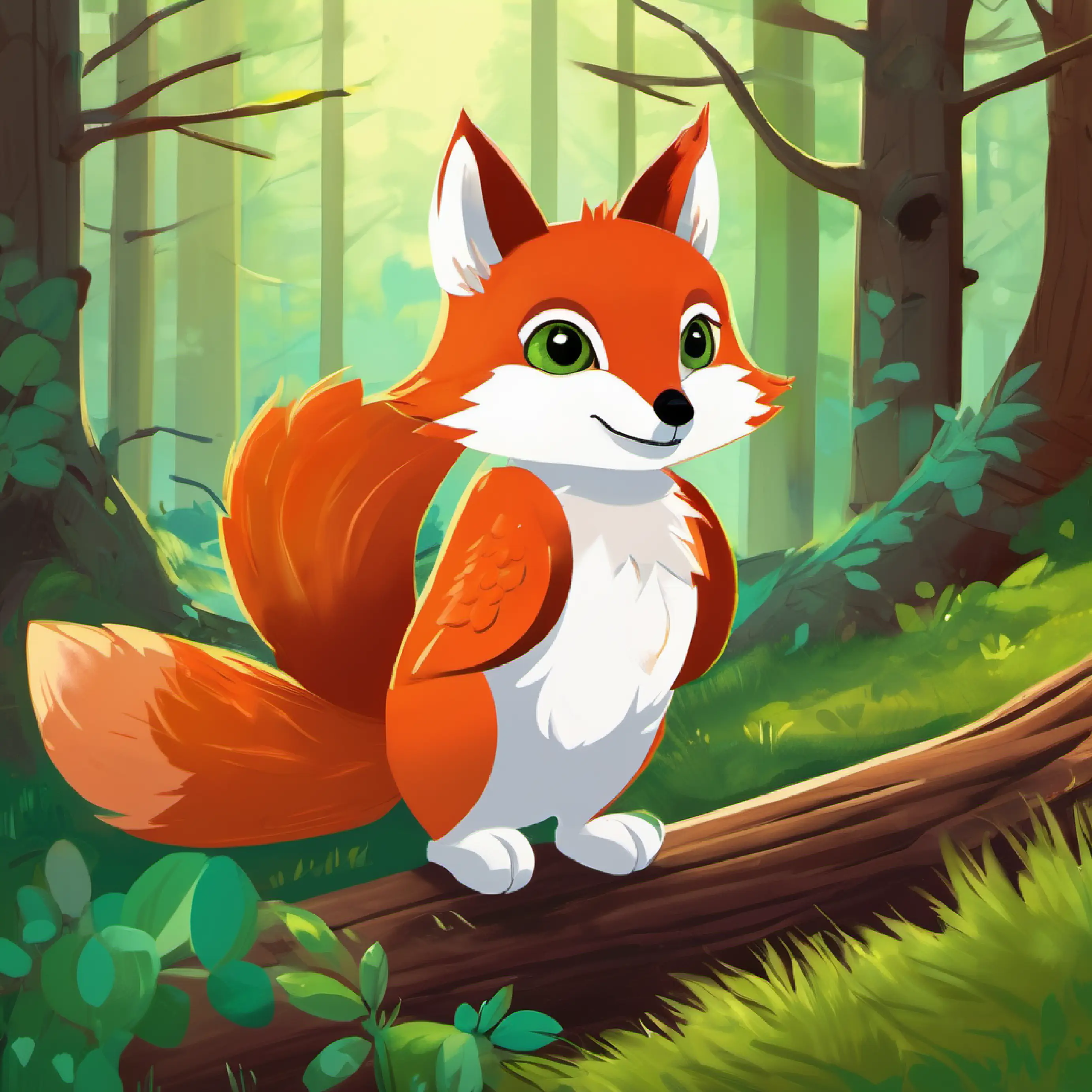 Red fur, bright green eyes, playful and brave young fox and Fluffy brown tail, mischievous grin, and lively squirrel friend of Felix meet wise owl Feathery grey and white with big round eyes, wise old owl companion, finding a new friend to help them, still in the forest.