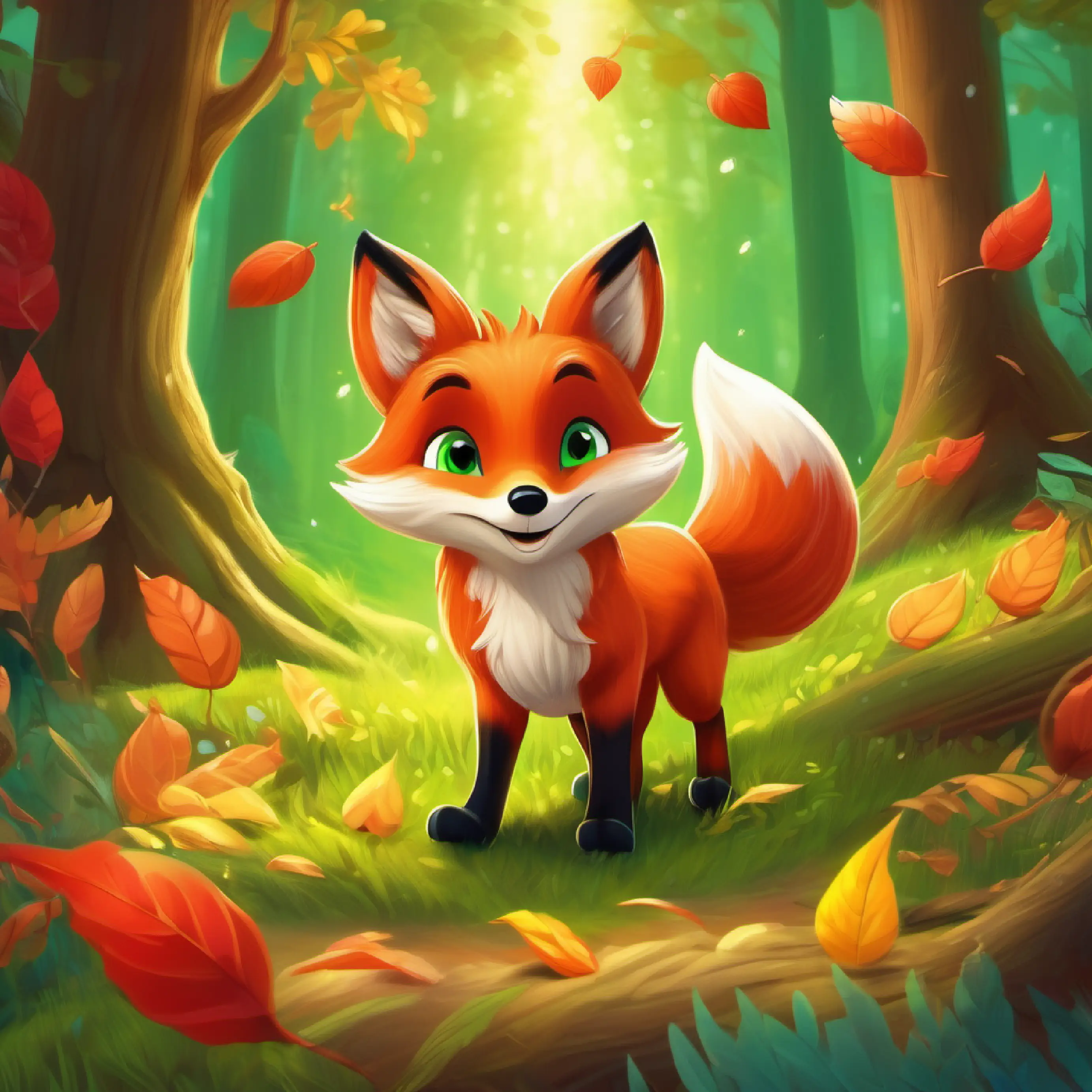 Red fur, bright green eyes, playful and brave young fox and friends find the Golden Acorn, learning the value of friendship, at the heart of the magical forest.