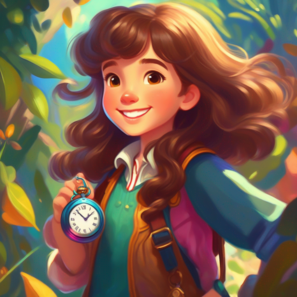 Curious girl with brown hair and a bright smile, adventurous holding a pocket watch, colorful and magical