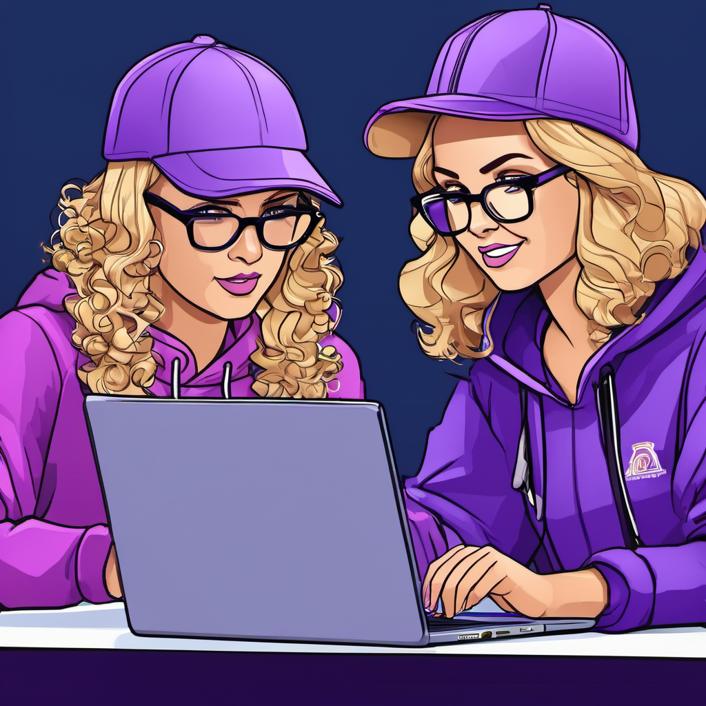 Blond-haired with a baseball cap, carrying a laptop and Curly-haired brunette with glasses, wearing a purple hoodie in a friendly discussion, pointing at a computer screen