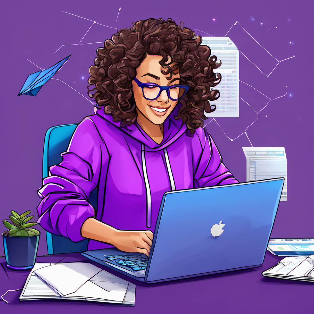 Curly-haired brunette with glasses, wearing a purple hoodie excitedly typing code on her computer