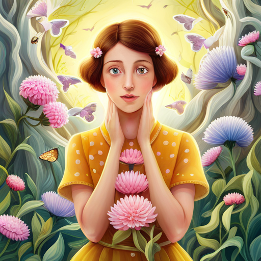 Annie surrounded by blooming flowers and butterflies