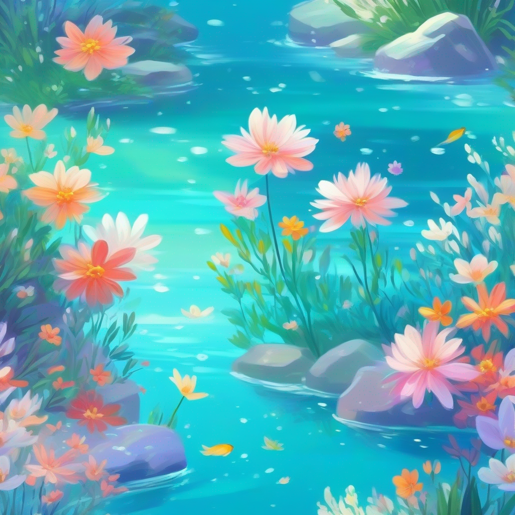 Colors: Crystal-clear water, blooming flowers, gentle breeze