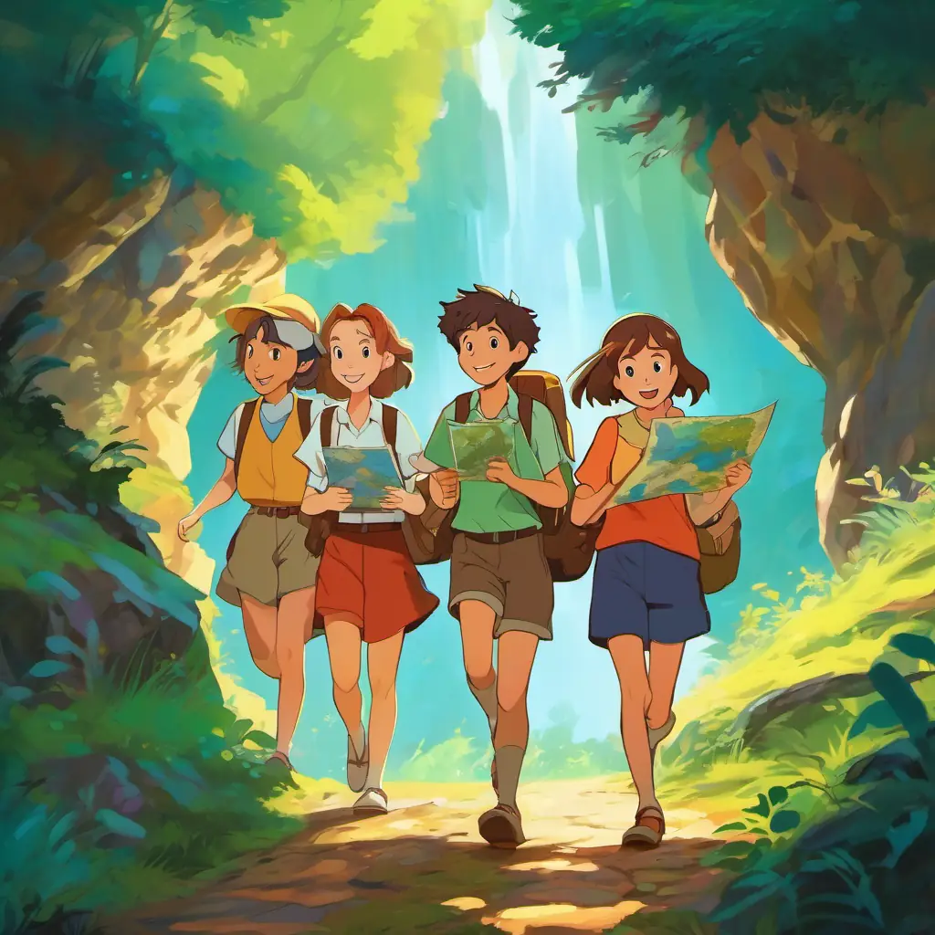The picture shows four Four friends with different hair colors and bright smiles holding a map and walking towards a mysterious cave in the forest.