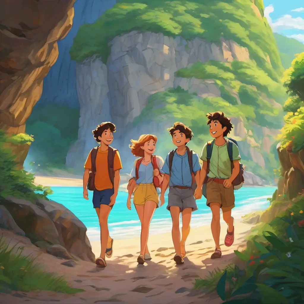 The picture shows the Four friends with different hair colors and bright smiles walking on the beach, through the forest, and climbing up the mountains. They stand at the entrance of the cave, looking excited.