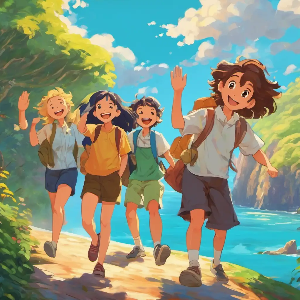 The picture shows the Four friends with different hair colors and bright smiles waving goodbye to the island. They have big smiles on their faces.