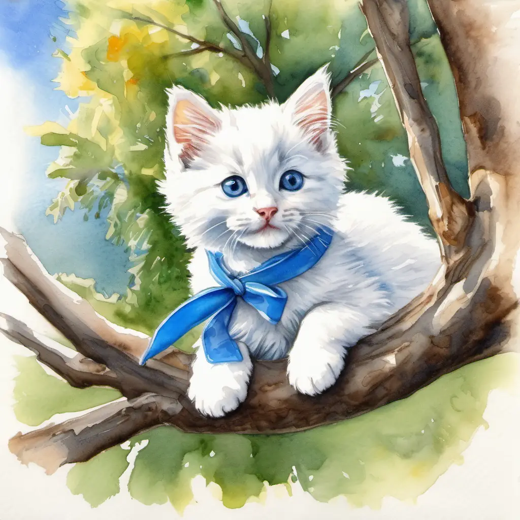 Sunny morning, playing tag, kitten Fluffy white kitten with blue collar stuck in tree.