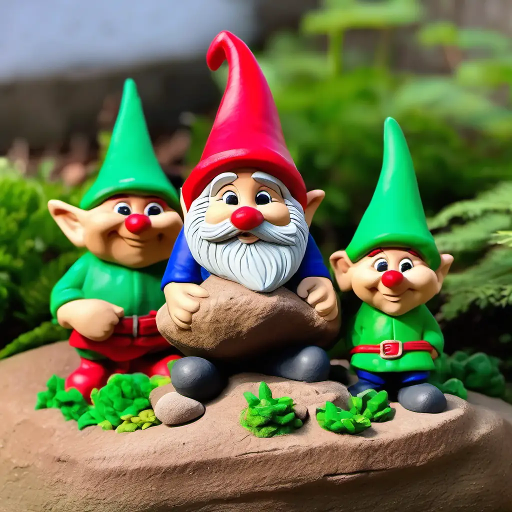 Small, round garden gnome with a red pointy hat and a mischievous grin and Small, round garden gnome with a green pointy hat and a curious expression peeking out from behind a rock, looking concerned but curious.