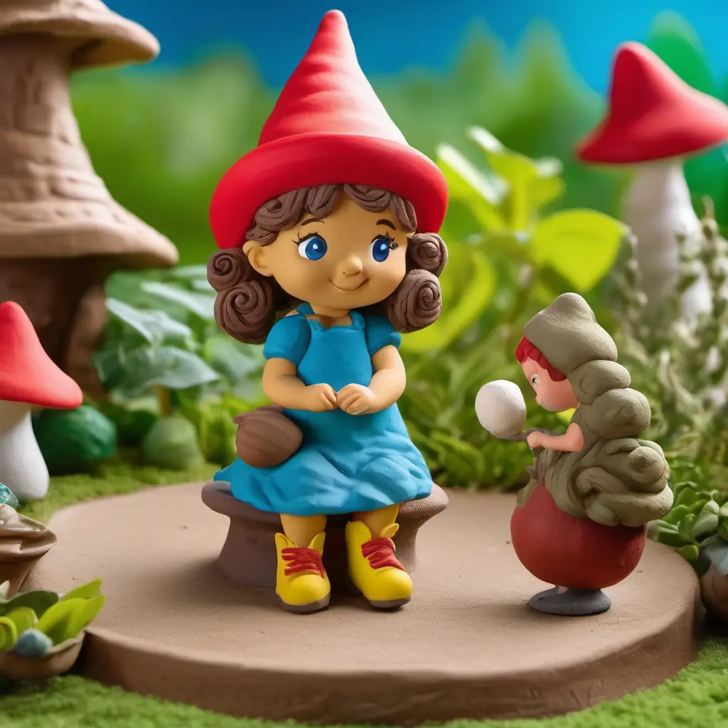 Young girl with curly brown hair, bright blue eyes, wearing a sunny yellow dress carefully moving snails while Small, round garden gnome with a red pointy hat and a mischievous grin and Small, round garden gnome with a green pointy hat and a curious expression cheer her on.