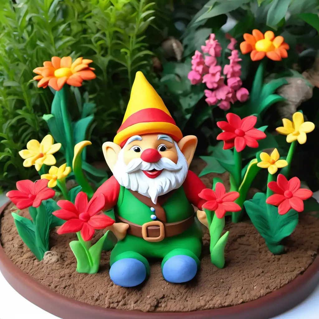 The garden filled with lush, colorful flowers, with Small, round garden gnome with a red pointy hat and a mischievous grin and Small, round garden gnome with a green pointy hat and a curious expression celebrating among the blooms.