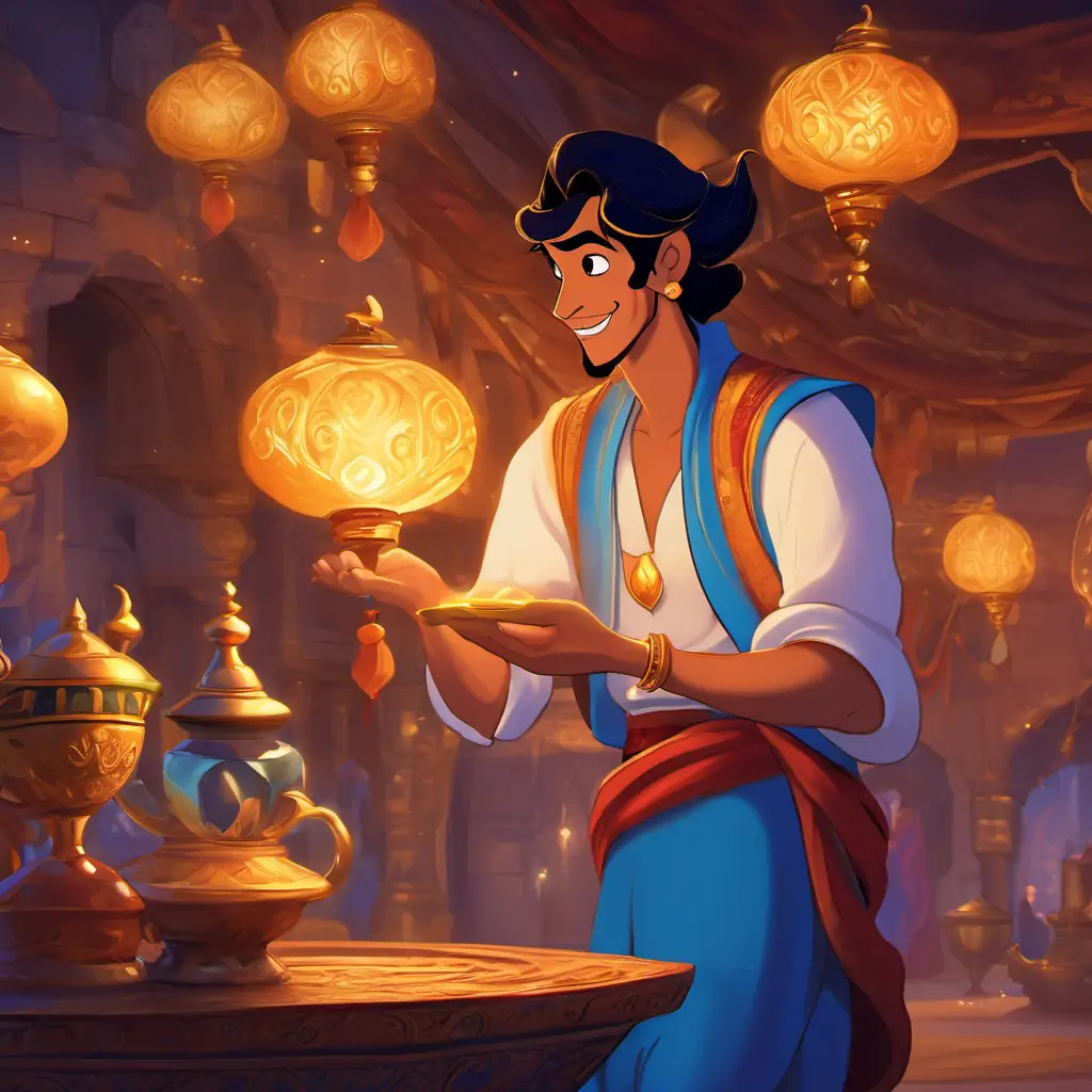 Aladdin meets an old magician in the marketplace who offers him a magical lamp in exchange for help.