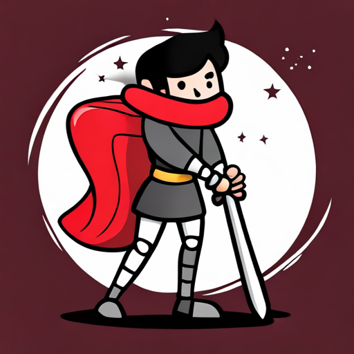 Brave hero in red cape with a sword in red cape, holding up sword triumphantly