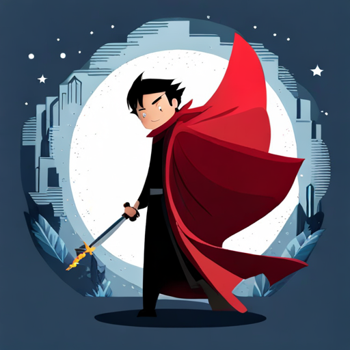 Brave hero in red cape with a sword and Sneaky villain in black cloak with an evil smirk fighting, sparks flying everywhere