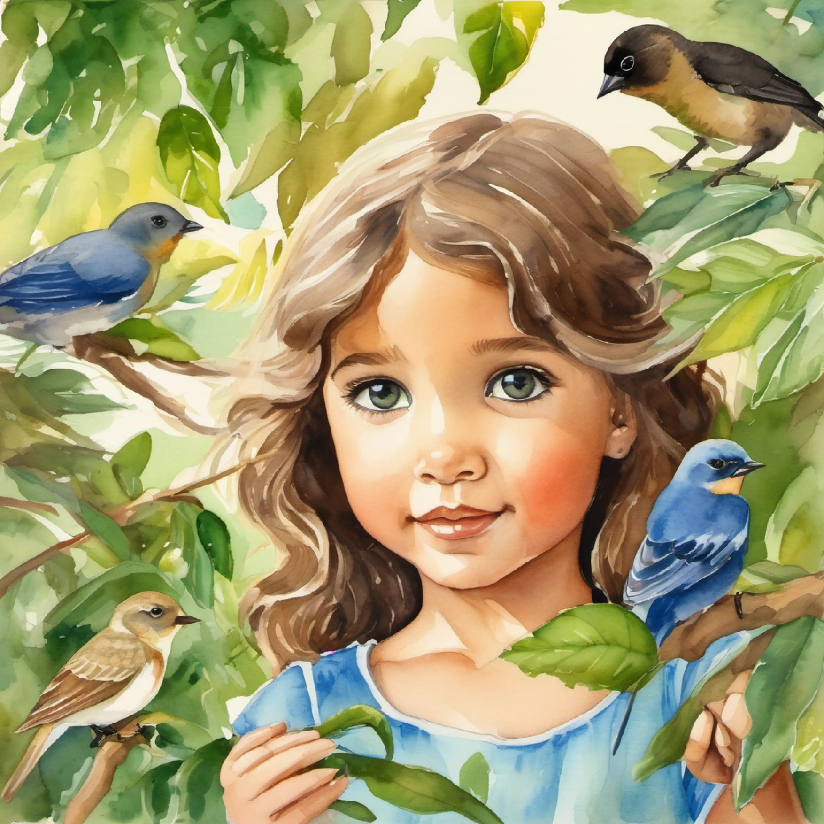Discovery of baby birds by Girl with brown hair, fair skin, and green eyes, Girl with blonde hair, olive skin, and blue eyes, and Boy with black hair, tan skin, and brown eyes.
