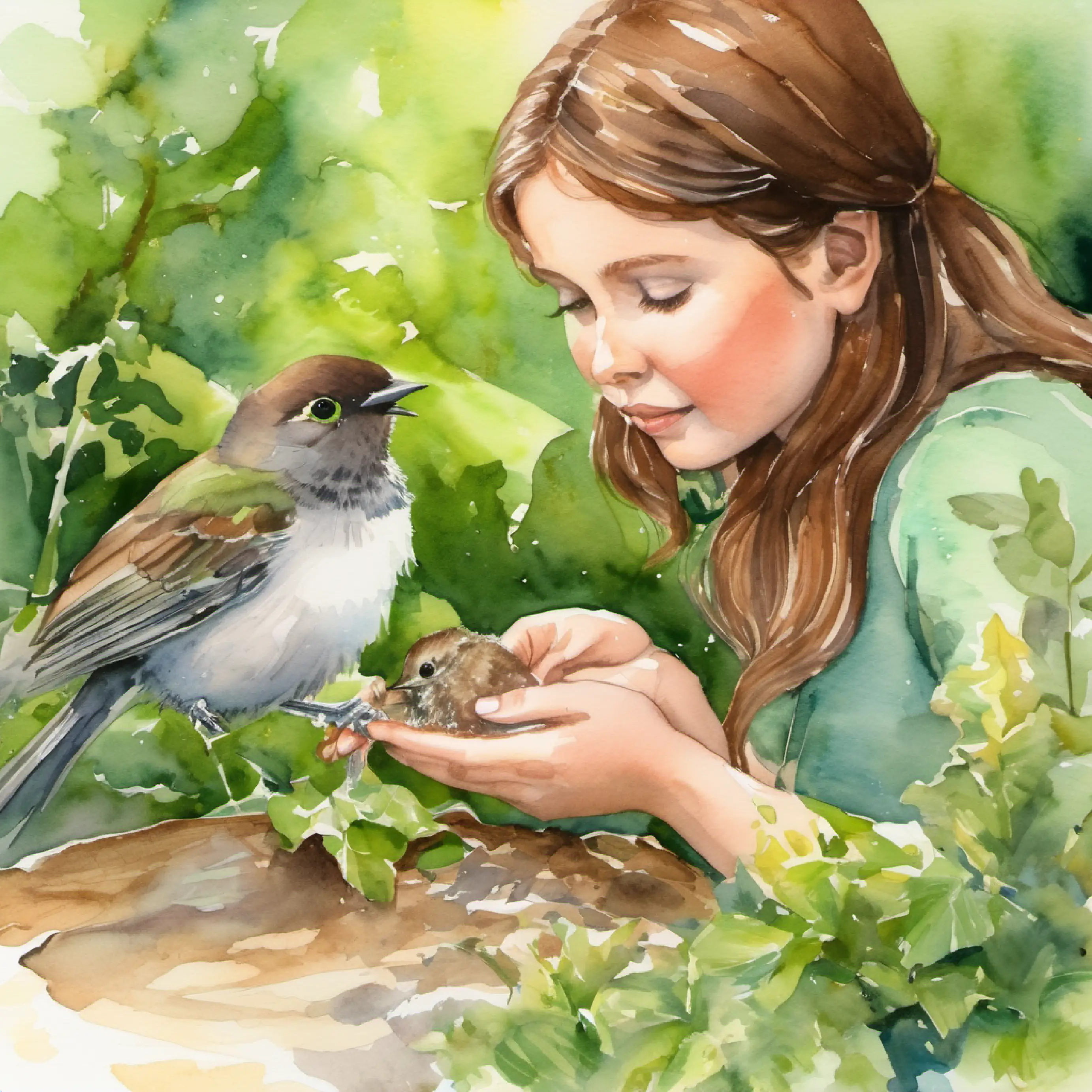 Girl with brown hair, fair skin, and green eyes proposes helping the baby birds by finding food.