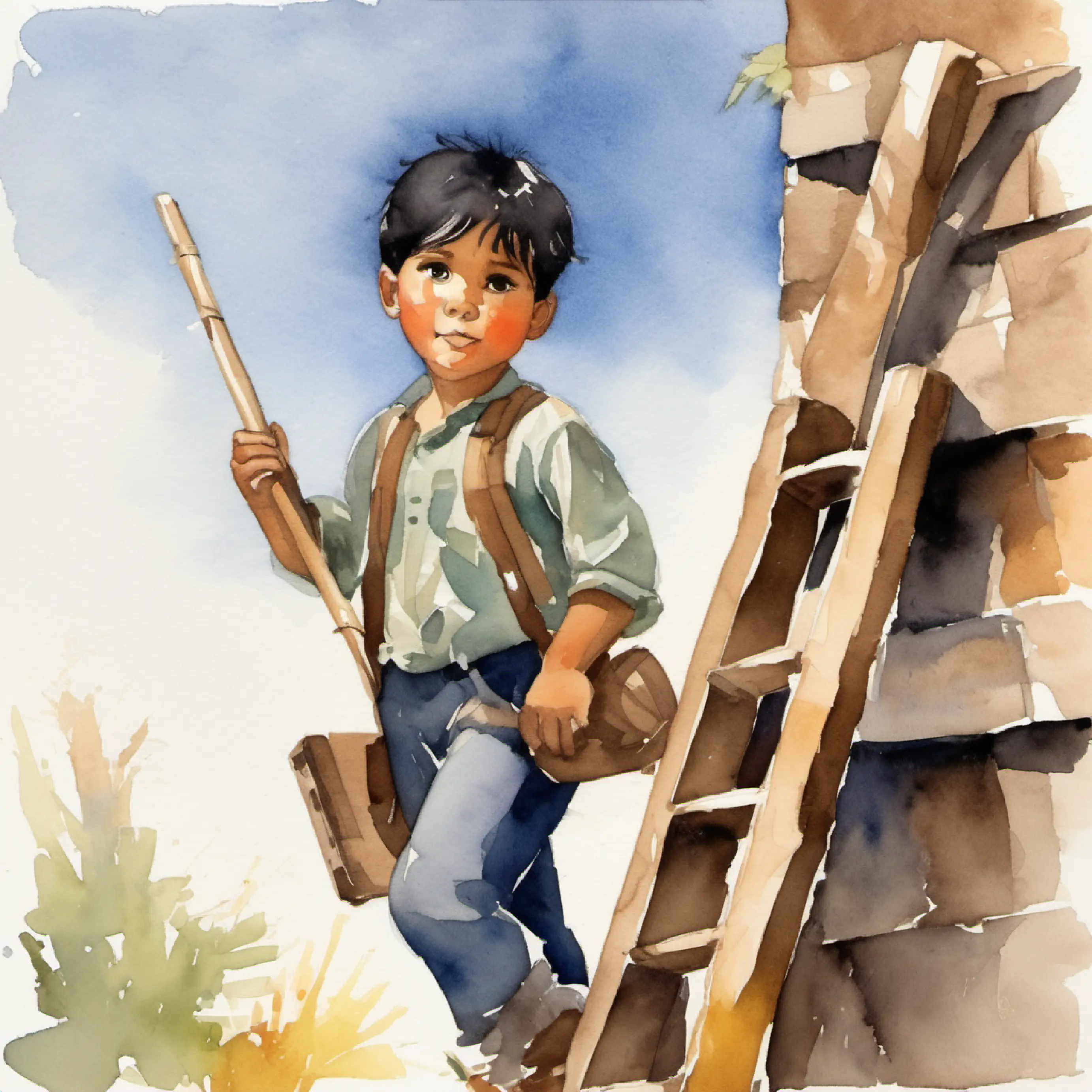 Boy with black hair, tan skin, and brown eyes suggests building a ladder to reach the nest.