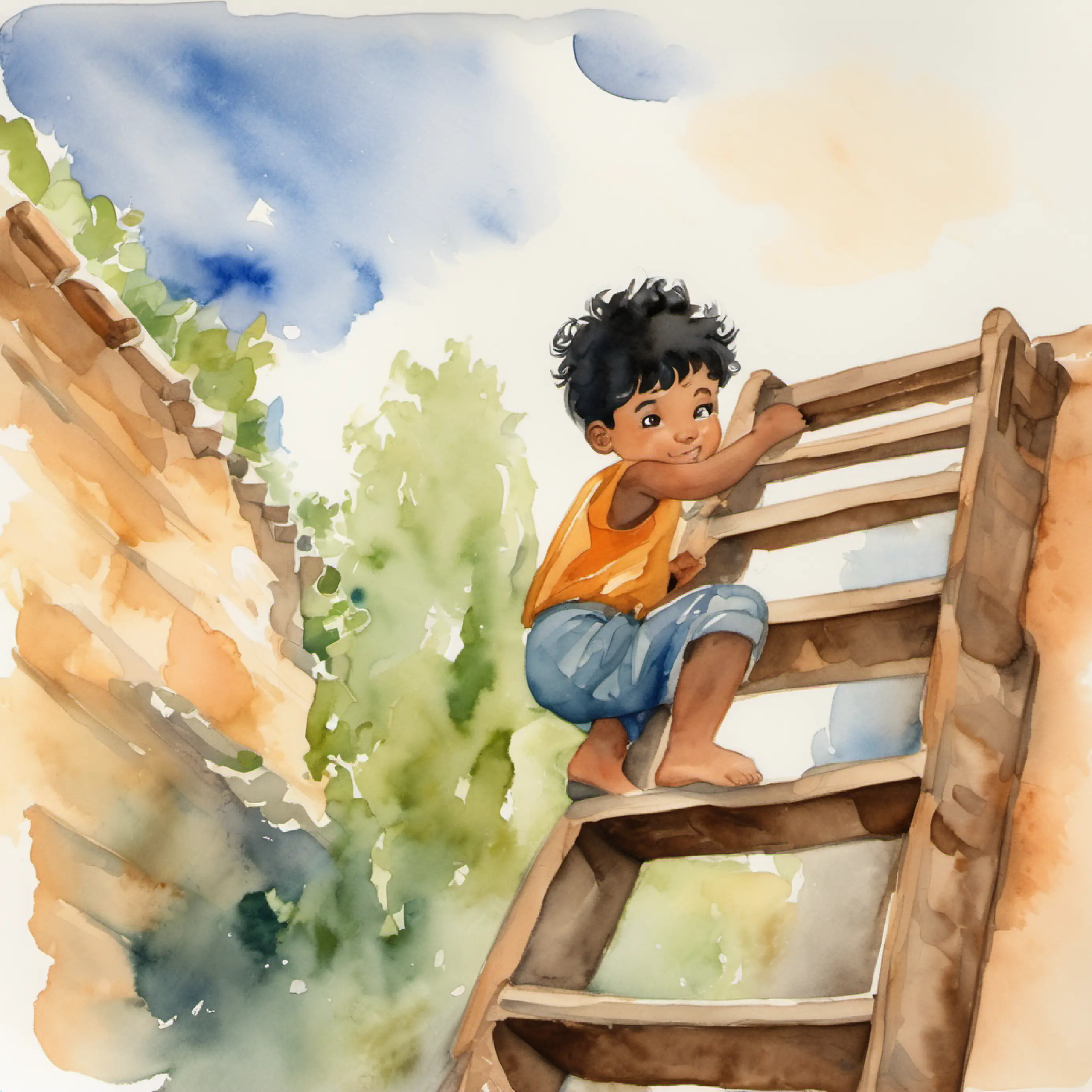 They make a ladder; Boy with black hair, tan skin, and brown eyes begins to climb.