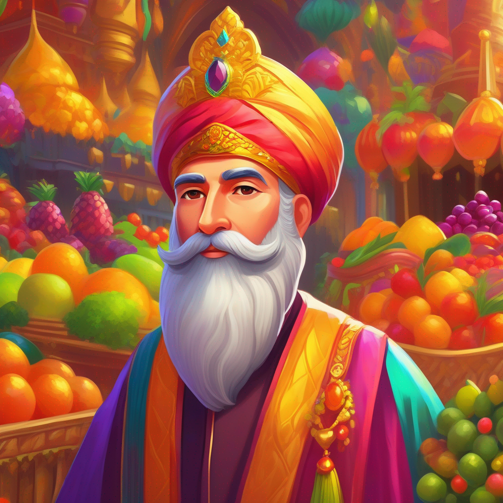 Emperor with a royal attire, a jeweled crown and Smart advisor with a long beard, a colorful turban in a vibrant market, colorful fruits everywhere