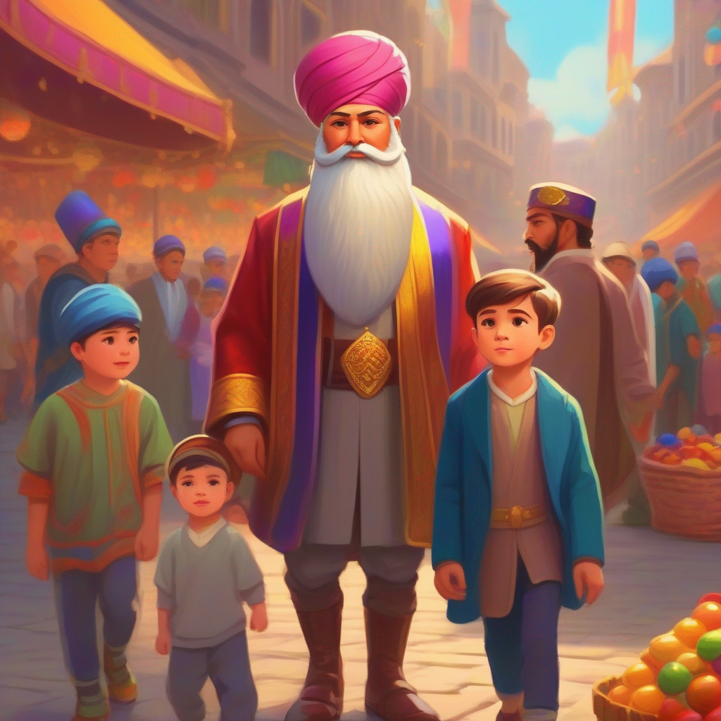 Emperor with a royal attire, a jeweled crown, Smart advisor with a long beard, a colorful turban, and people in the market square, little boy with rosy cheeks, wearing simple clothes looking guilty