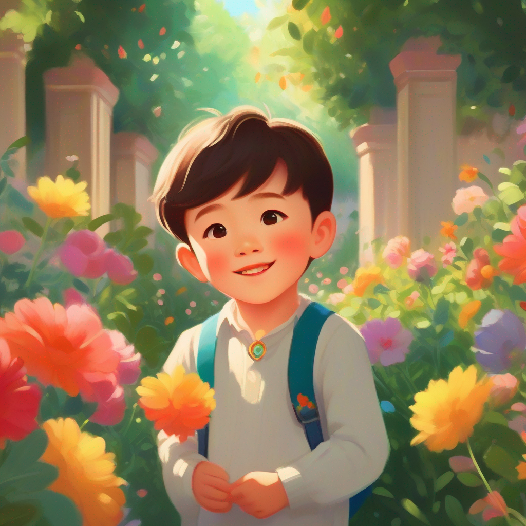 little boy with rosy cheeks, wearing simple clothes in the palace gardens with colorful flowers and a hidden necklace