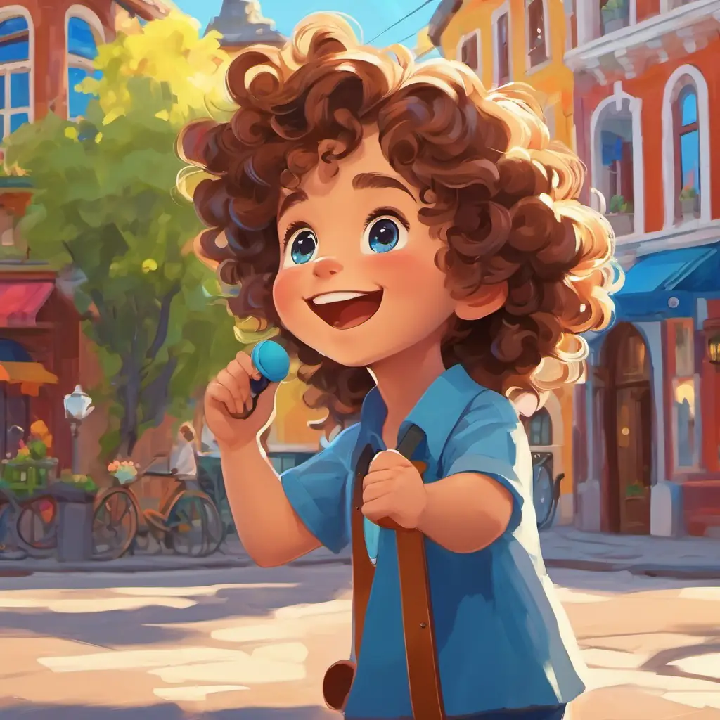 Curly hair, blue eyes, loves singing and Tall, brown hair, big smile standing in a sunny town with colorful houses