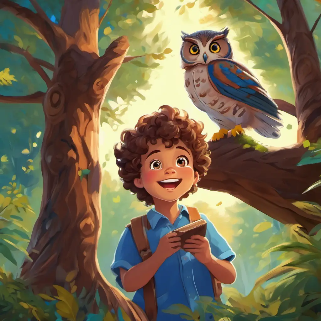 Curly hair, blue eyes, loves singing and Tall, brown hair, big smile in the forest, looking up at a baby owl in a tree