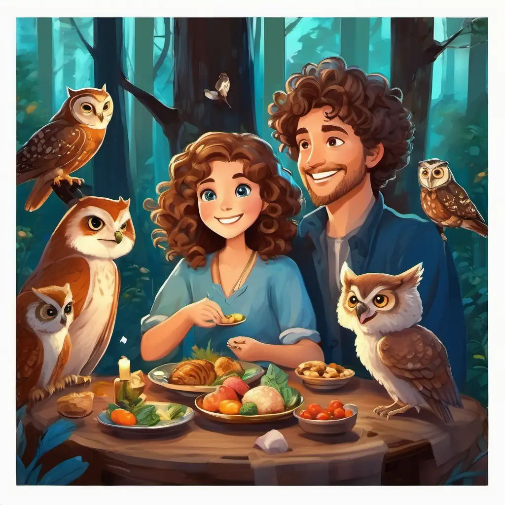 Curly hair, blue eyes, loves singing and Tall, brown hair, big smile having dinner with the owl family and other forest animals