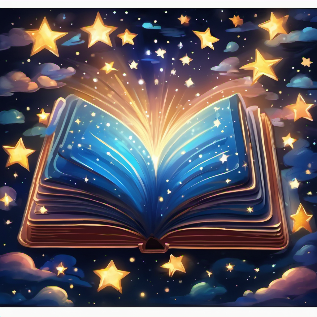 An open book with glowing pages and stars