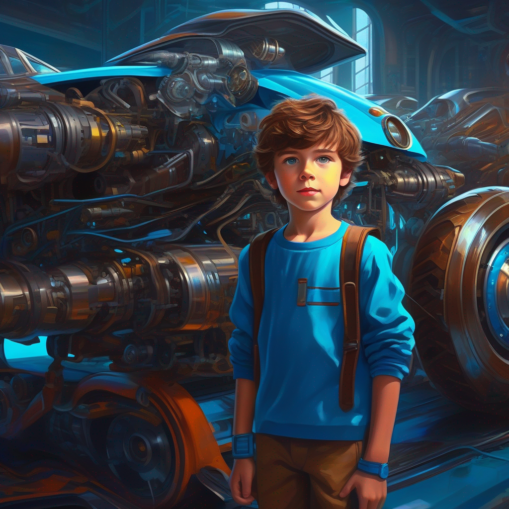 Curious young boy with messy brown hair and bright blue eyes becomes a renowned car designer, featuring futuristic engines