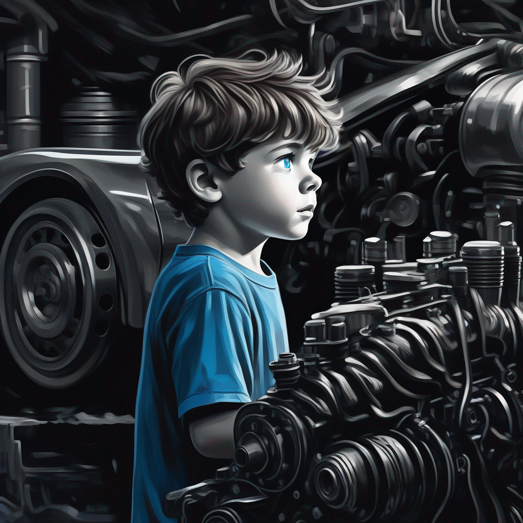 Curious young boy with messy brown hair and bright blue eyes wonders how a car engine works, in black and white