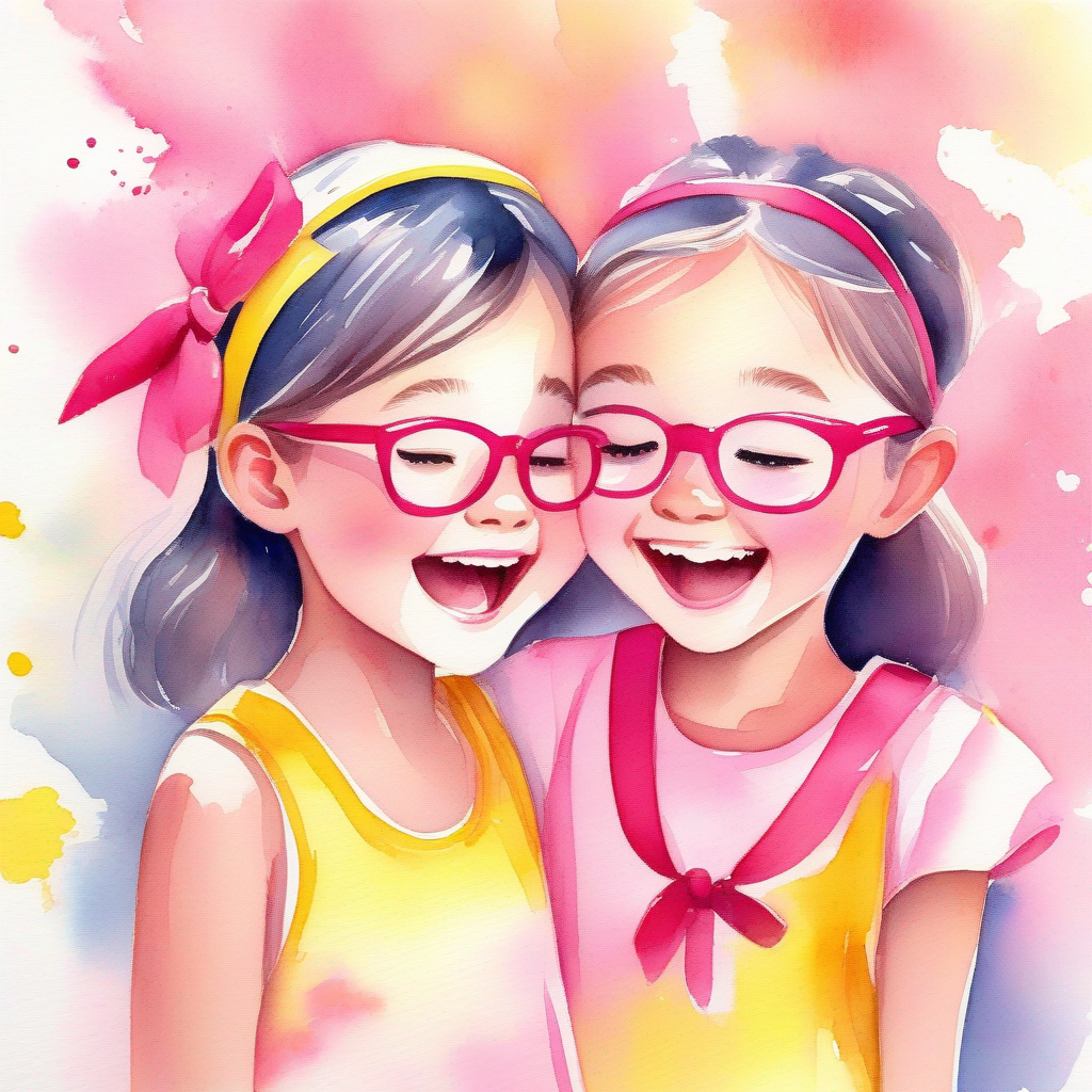 Bright and talented girl, wearing a pink dress and glasses's joy over exam results, celebration with Cheerful and supportive friend, with a yellow headband and a vibrant smile