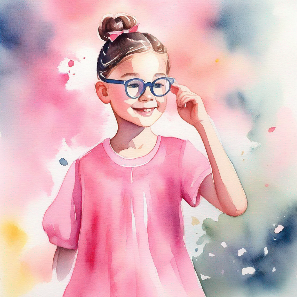 Bright and talented girl, wearing a pink dress and glasses's realization about achieving greatness through positive communication