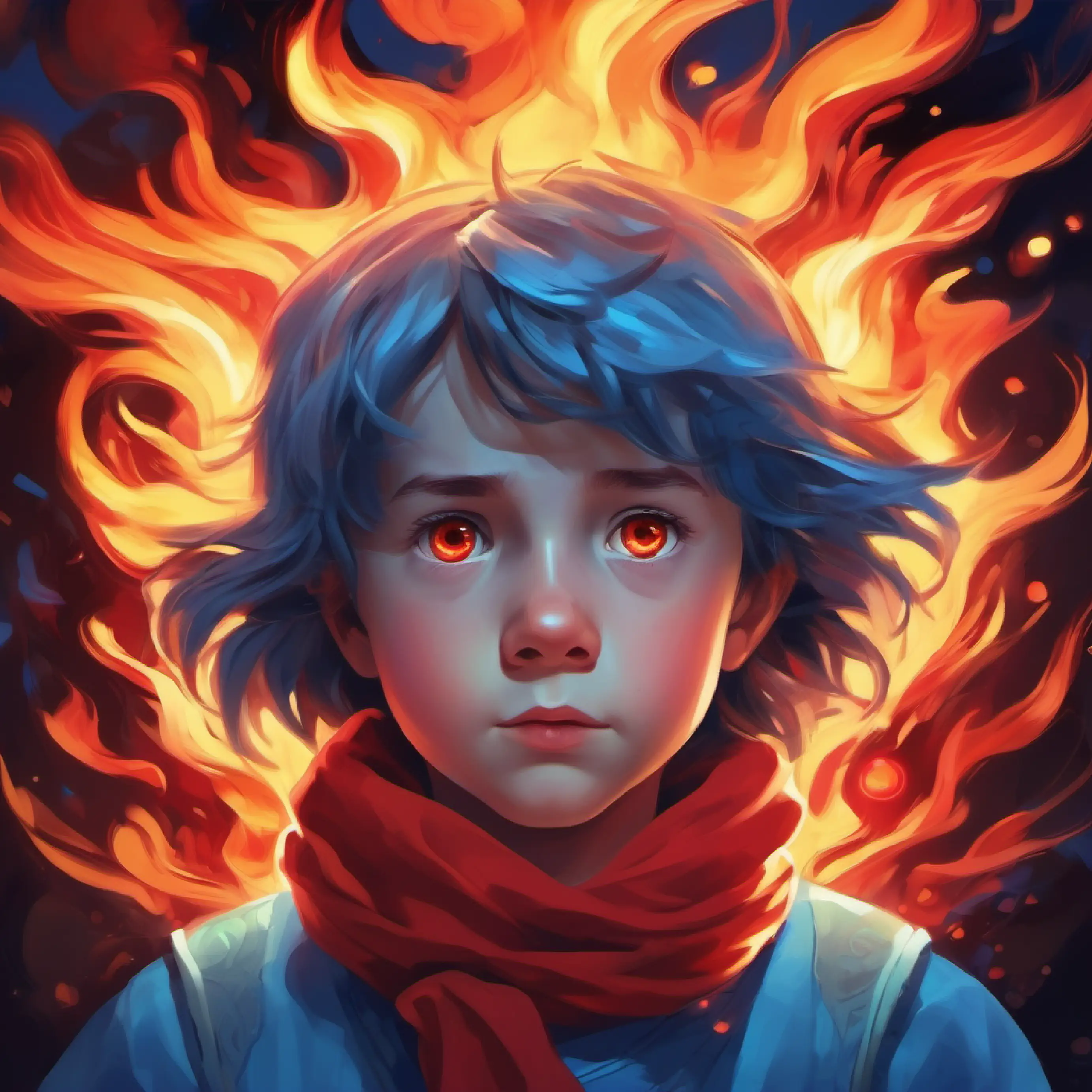 Introduction of the setting and characters Calm, sad child with light blue eyes and deep blue glow and Fiery, mad child with bright red eyes and a flaming glow.