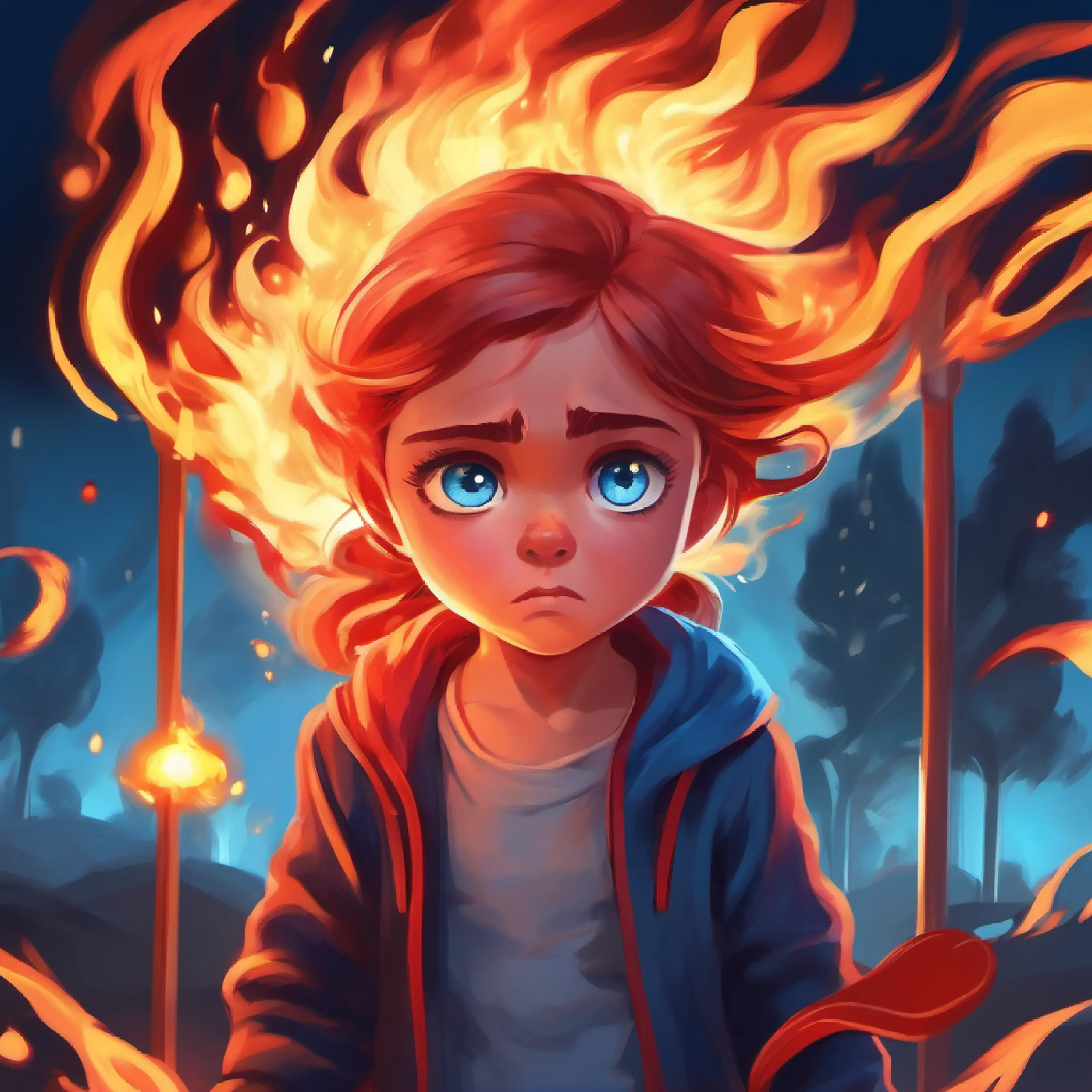 Fiery, mad child with bright red eyes and a flaming glow is angry at the playground, Calm, sad child with light blue eyes and deep blue glow tries to calm her.