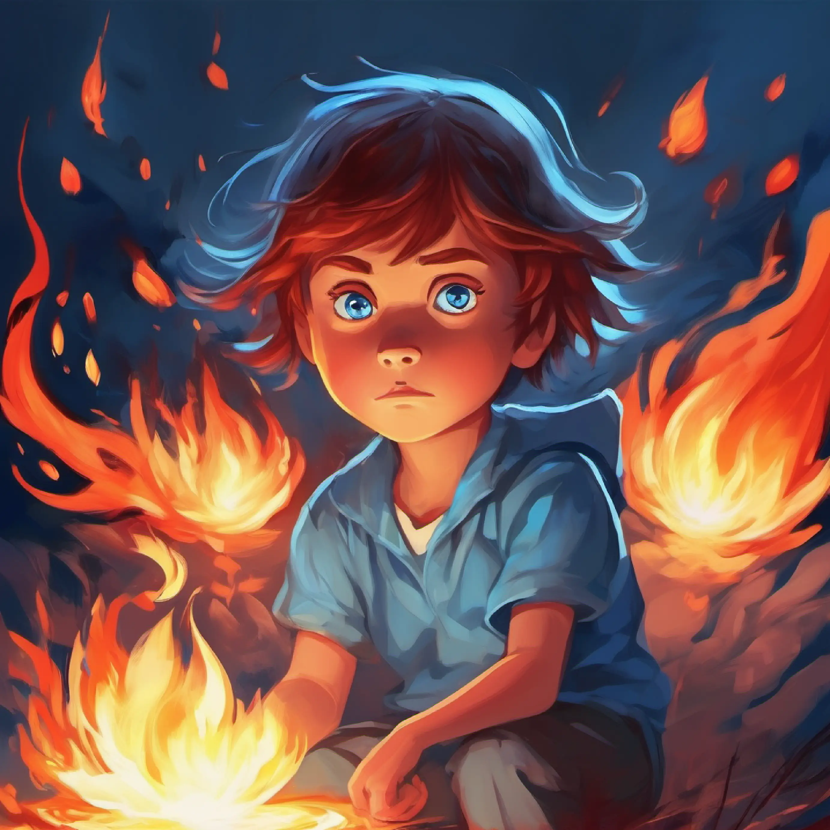 Fiery, mad child with bright red eyes and a flaming glow rebuffs Calm, sad child with light blue eyes and deep blue glow's effort, making Calm, sad child with light blue eyes and deep blue glow sadder.