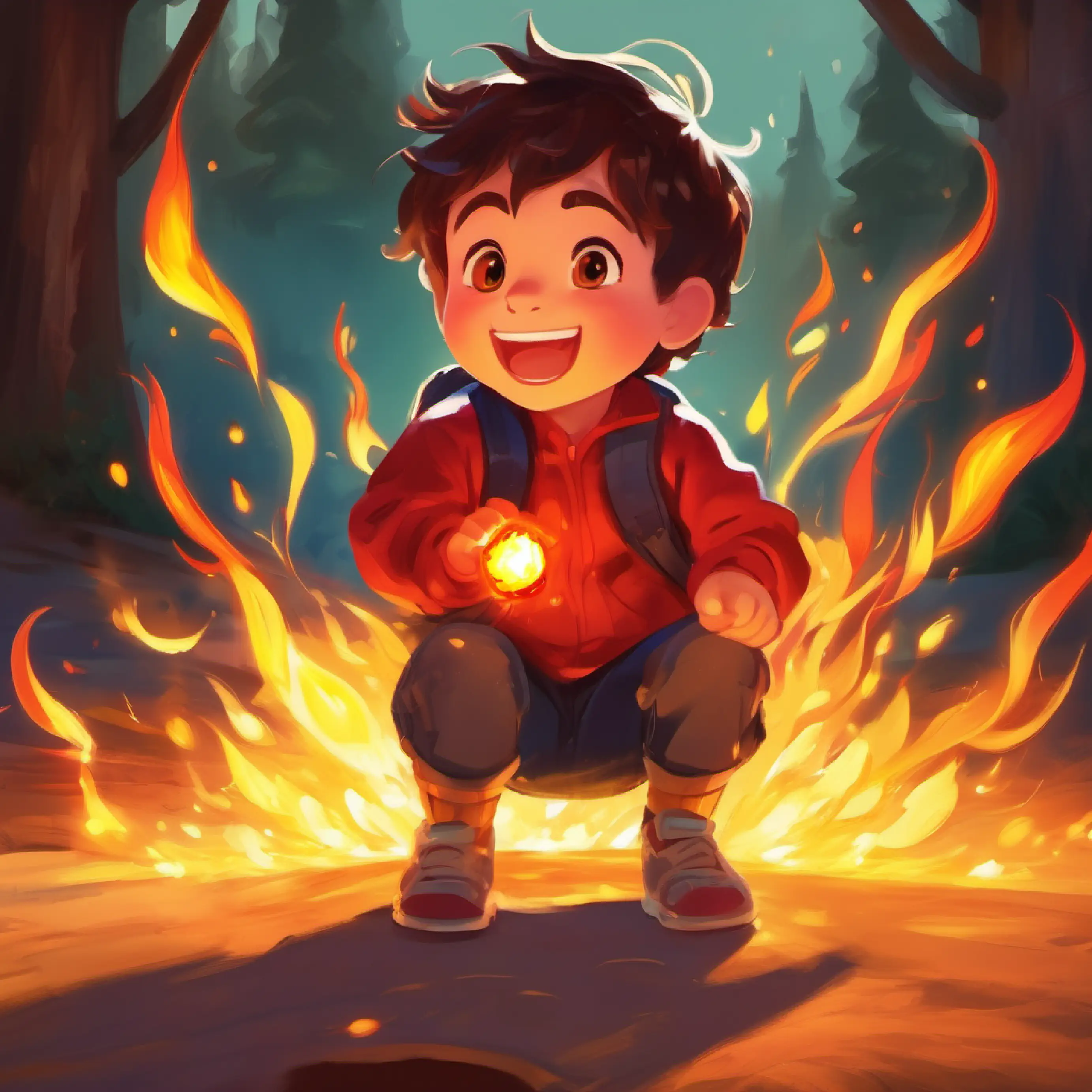 Cheerful, sunny child with shiny yellow eyes and a beaming glow attempts to cheer up Fiery, mad child with bright red eyes and a flaming glow, fails.