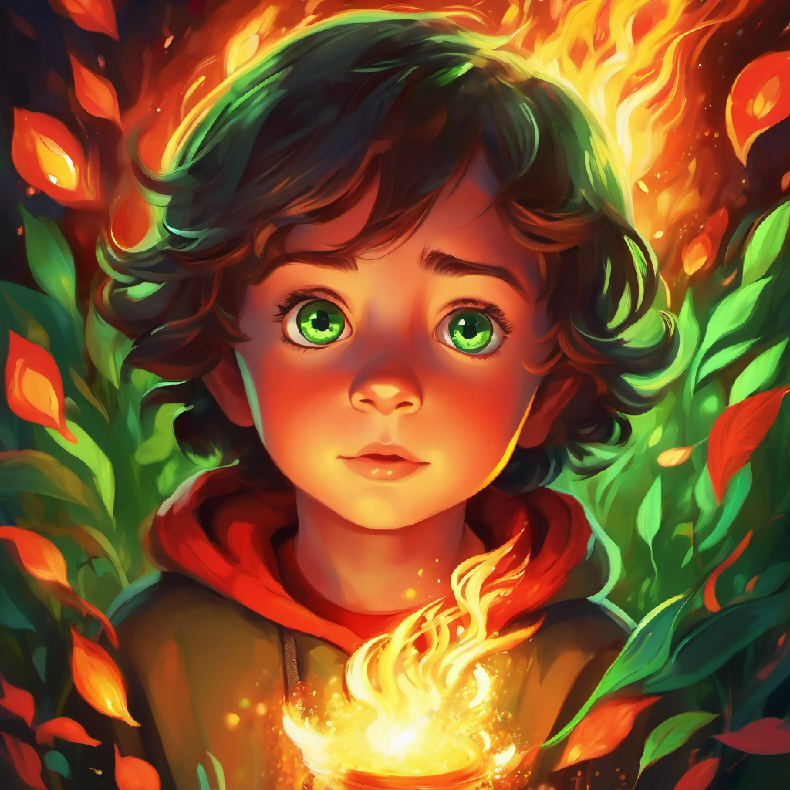 Curious child with sparkly green eyes and an eager glow's questions overwhelm Fiery, mad child with bright red eyes and a flaming glow, Curious child with sparkly green eyes and an eager glow leaves.