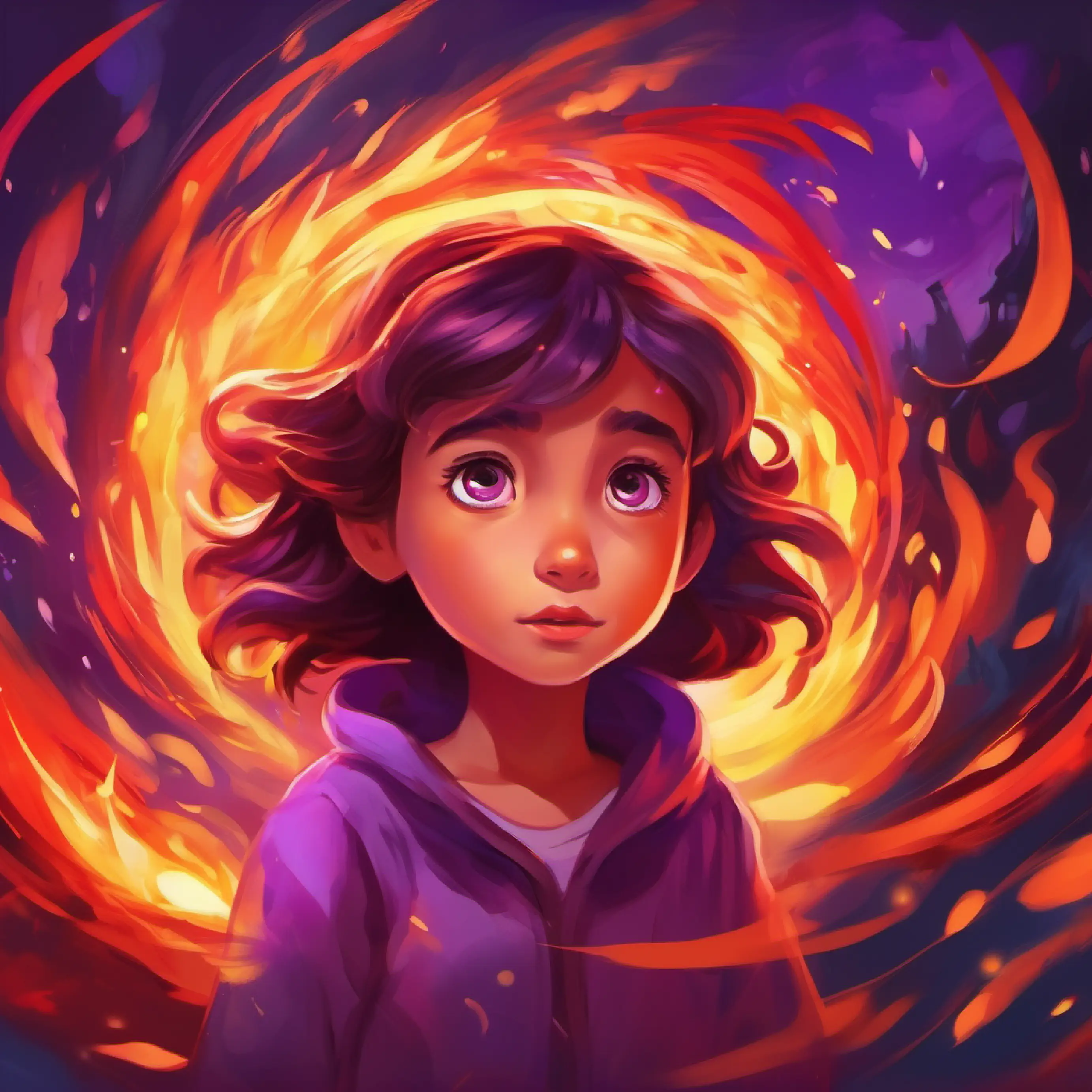 Introduction of Understanding child with swirling purple eyes, a mix of feelings and a new understanding for Fiery, mad child with bright red eyes and a flaming glow.