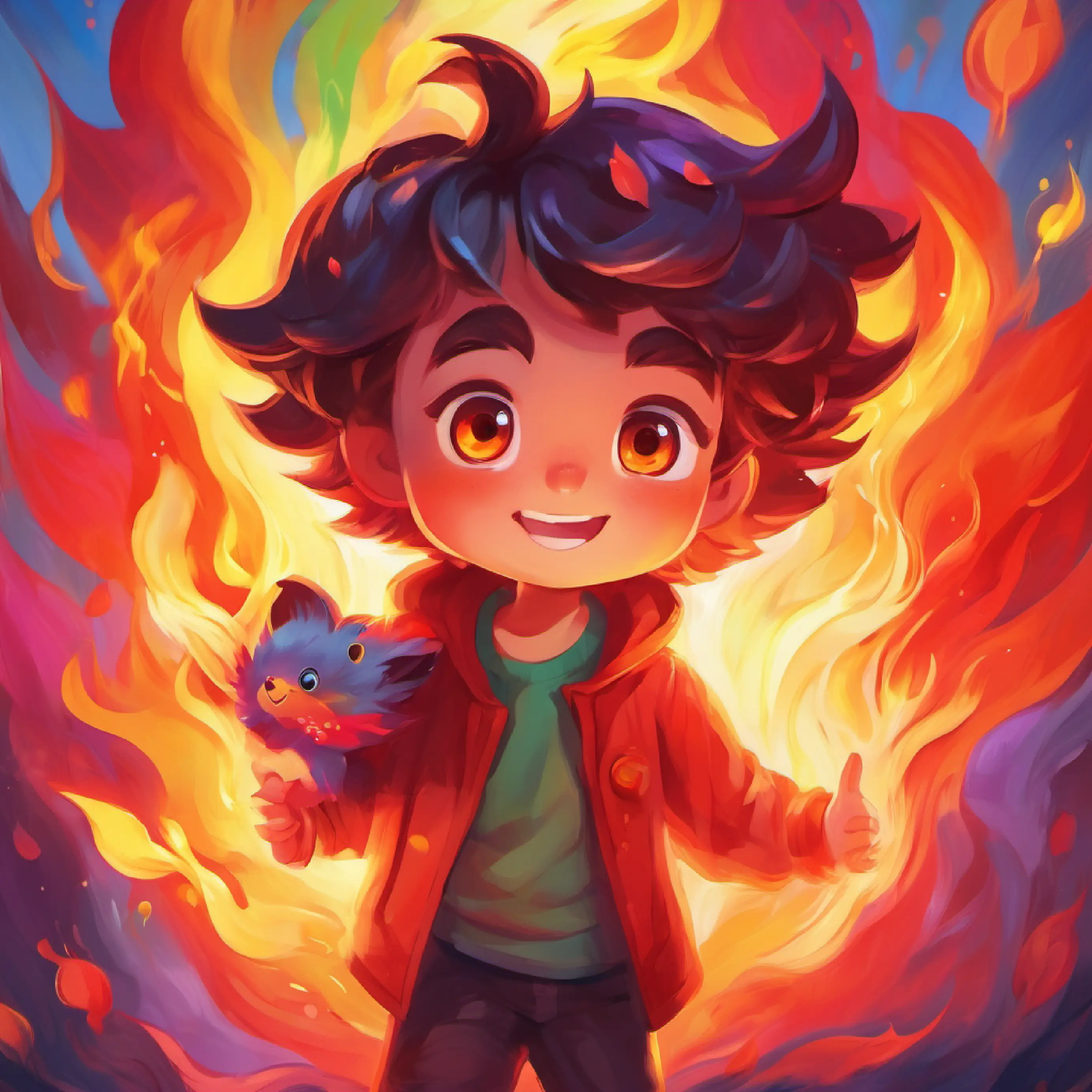 Fiery, mad child with bright red eyes and a flaming glow cools down, Rainbow of friendship forms.