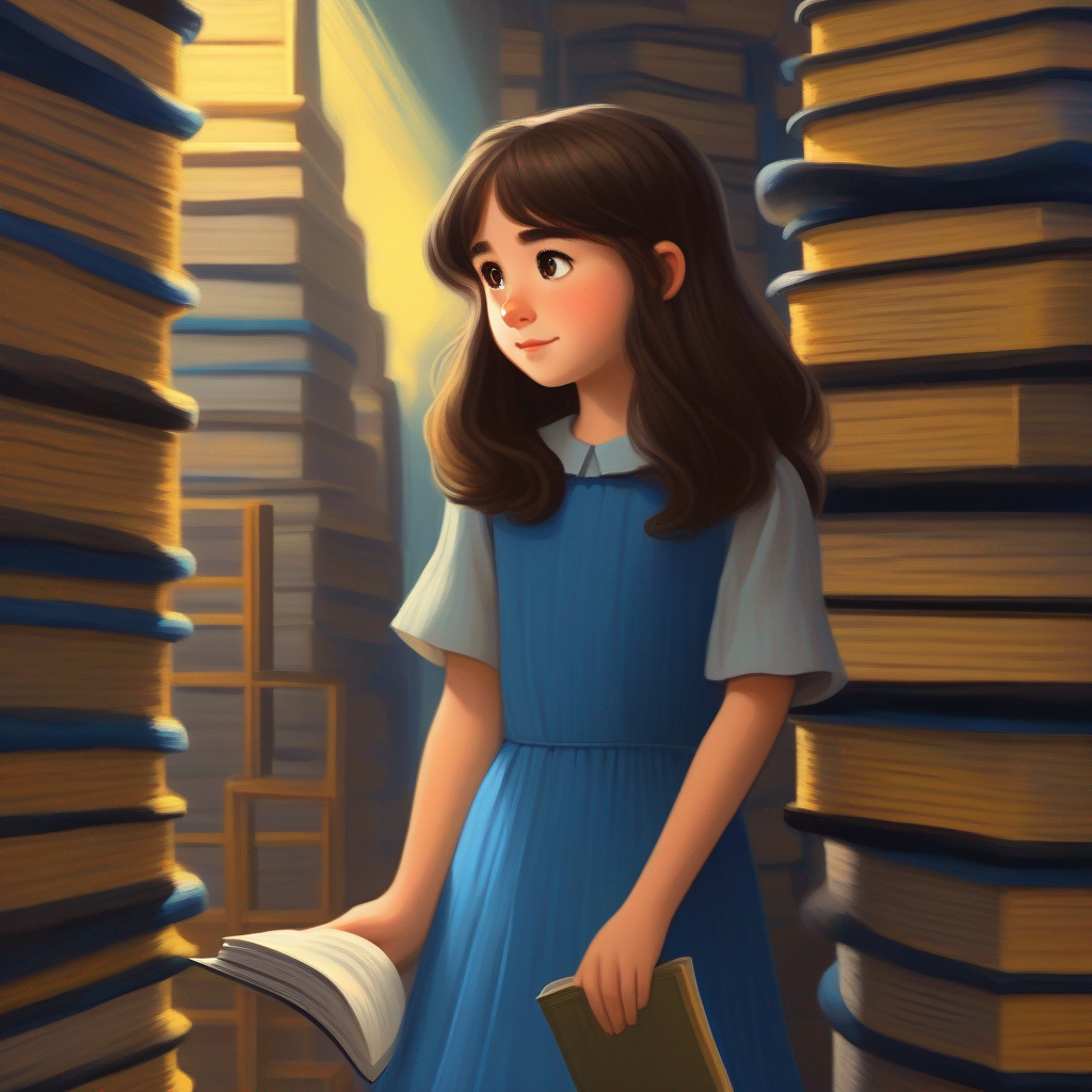 Intelligent girl who loves books, brown hair, blue dress agrees to be the Enormous, hairy creature with kind eyes, brown and black's prisoner, yellow, suspenseful