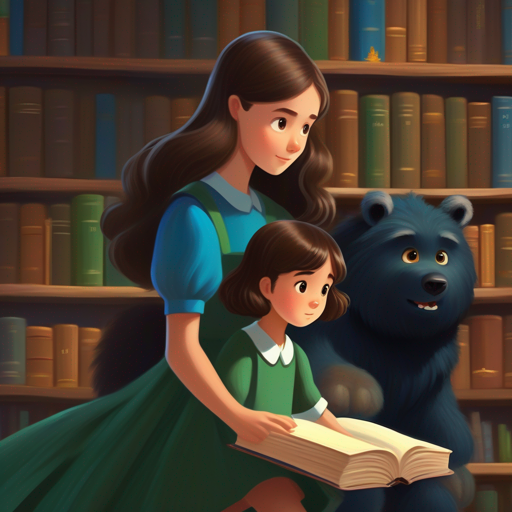 Intelligent girl who loves books, brown hair, blue dress leaves to see her sick father, risking Enormous, hairy creature with kind eyes, brown and black's life, green, compassionate