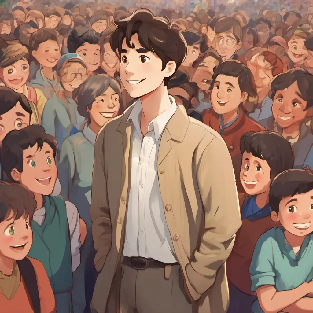 A drawing of Alex is a person with a kind heart and a smile standing in front of a crowd, confidently speaking. The crowd is a mix of people, some looking curious and some skeptical.