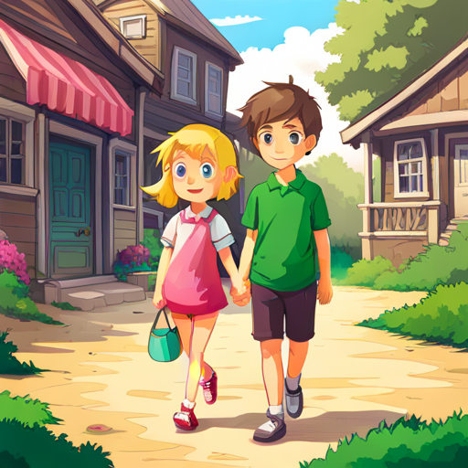 Amy: a girl with blonde hair and pink shoes. and Tim: a boy with brown hair and green shorts. walk around the house together