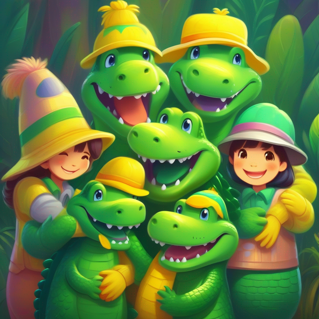 Green alligator with a friendly smile and a yellow hat. and her friends hugging and smiling with appreciation.
