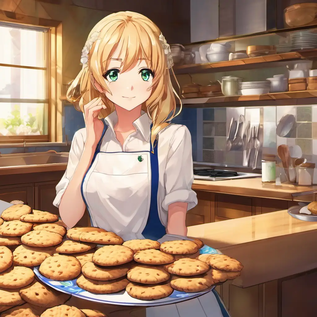 Kitchen, Blonde hair, blue eyes, fair skin and Brown hair, green eyes, fair skin, afternoon. Blonde hair, blue eyes, fair skin steals Brown hair, green eyes, fair skin's cookies.