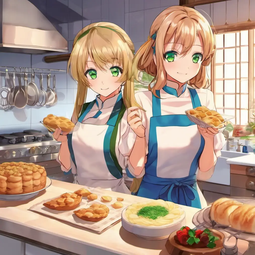 Kitchen, Brown hair, green eyes, fair skin and Blonde hair, blue eyes, fair skin baking, evening. Brown hair, green eyes, fair skin forgives and they bake together.