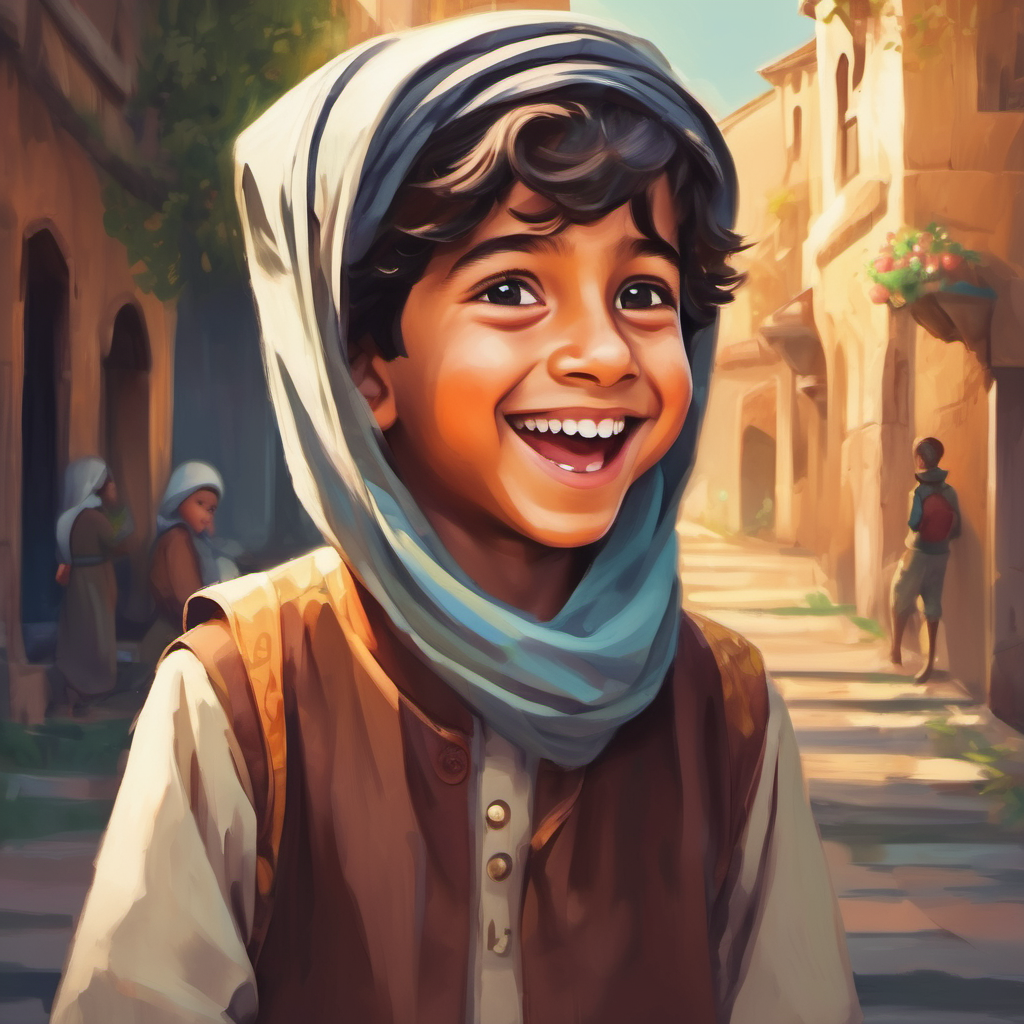A curious Muslim boy with a smiley face smiling with joy and gratitude